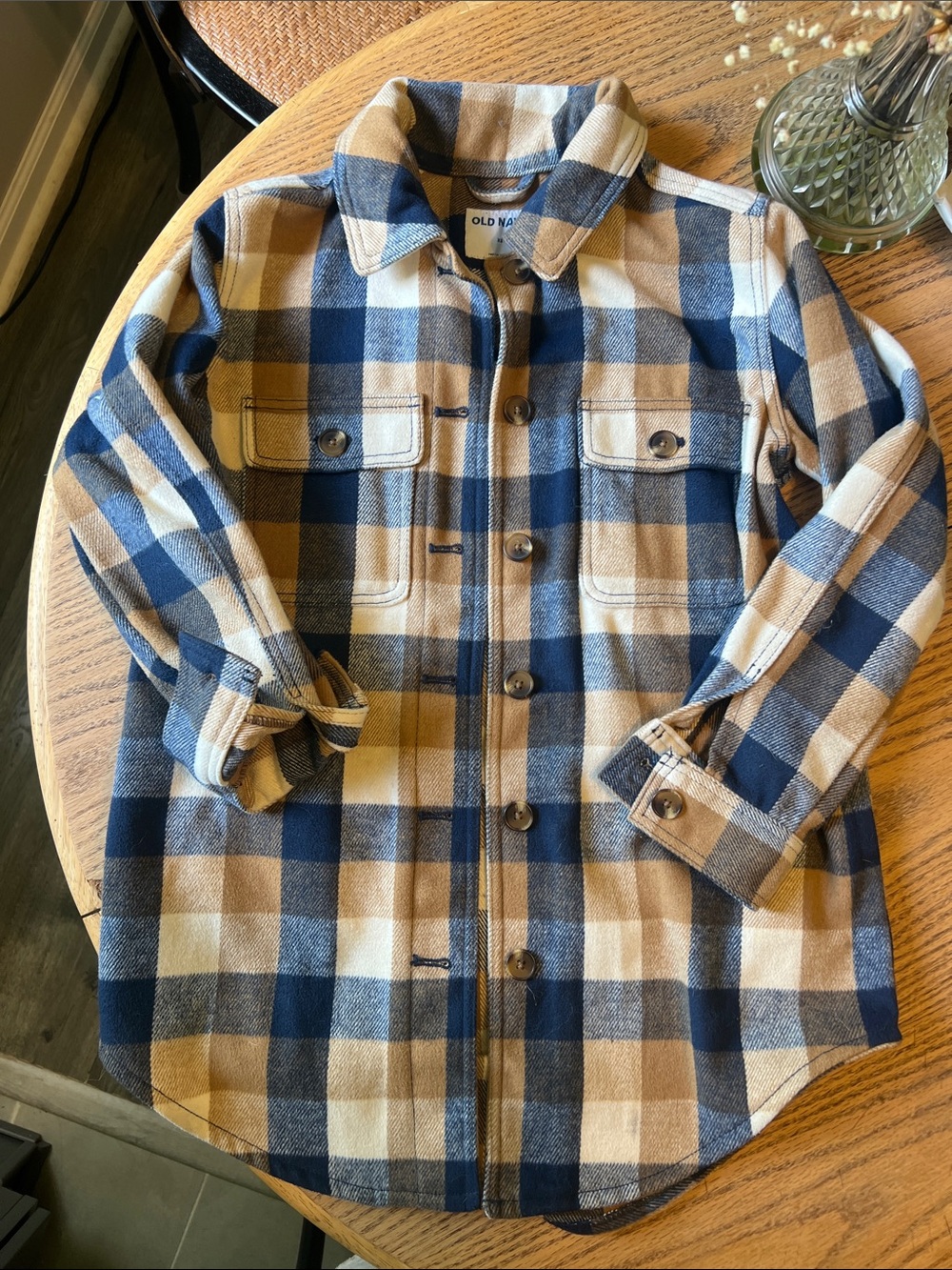 Old Navy Navy & Tan Plaid Button-Front Shacket XS
